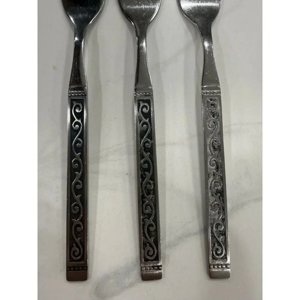 VINTAGE Oneida Spanish Court Salad Forks Set of 6 Stainless Black Scroll MCM